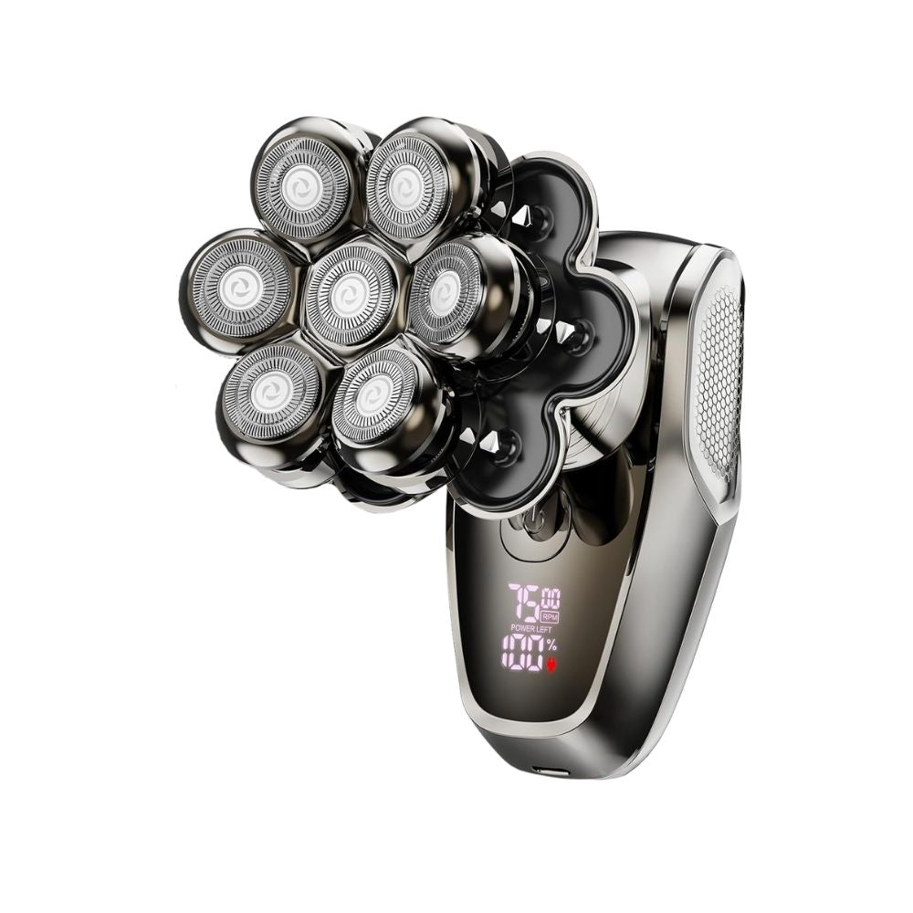 Gray and pink hair dryer with five different styling attachments.