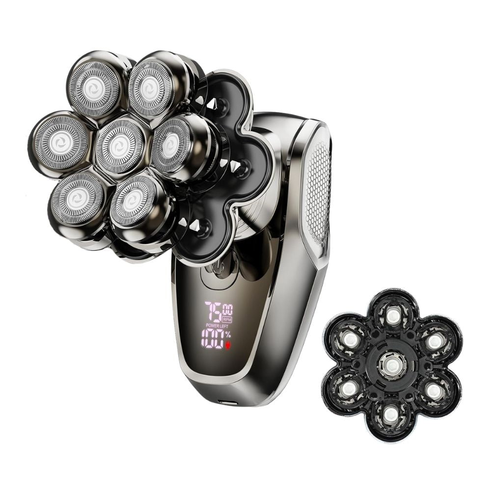 Gray and pink hair dryer with five different styling attachments.