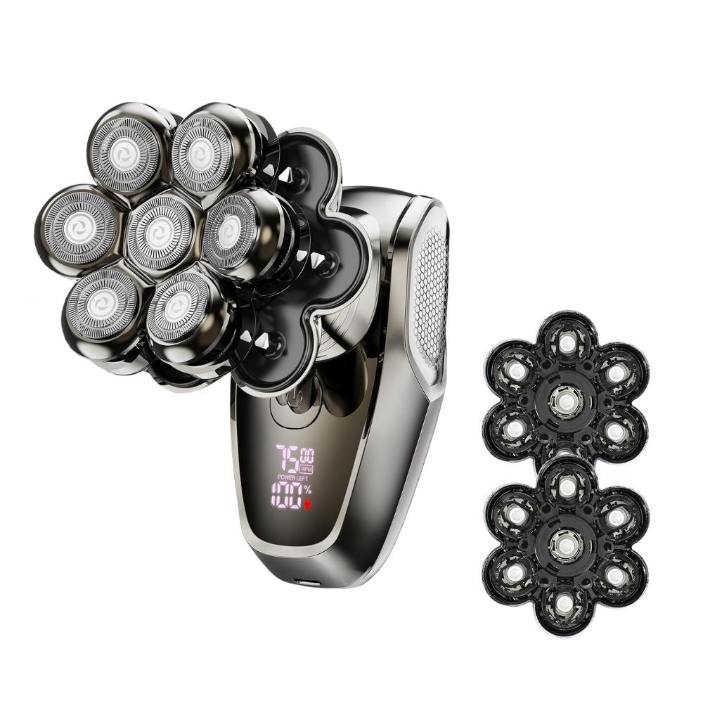 Gray and pink hair dryer with five different styling attachments.