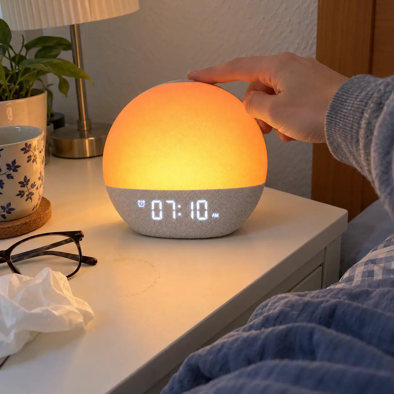KI-generiertes Foto: Eine Hand bedient den Lichtwecker auf dem Nachttisch