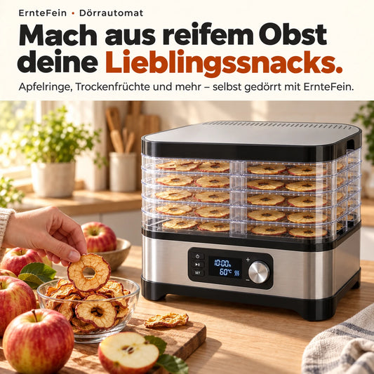 Mach aus reifem Obst deine Lieblingssnacks. Apfelringe, Trockenfrüchte und mehr – selbst gedörrt mit ErnteFein.
