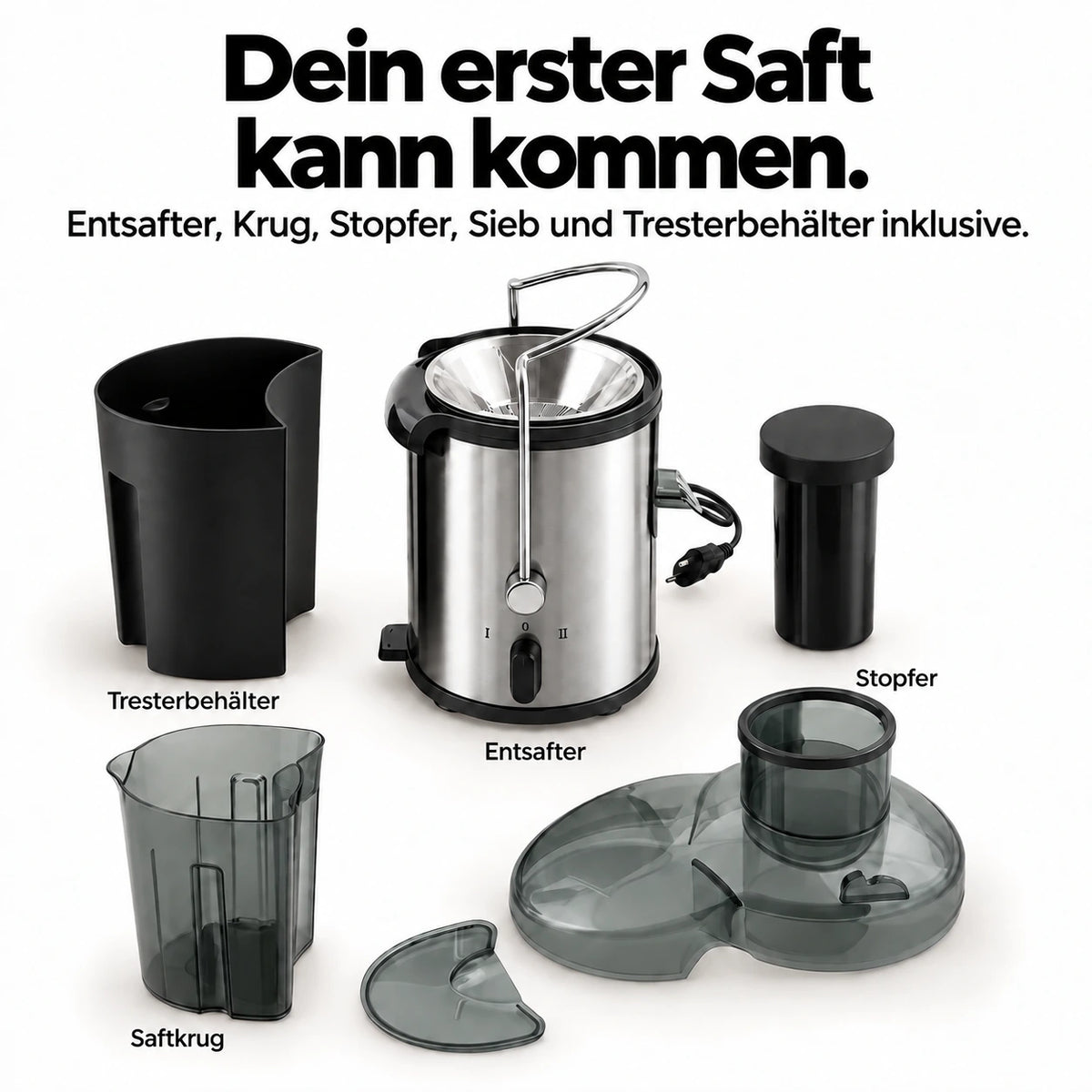 Dein erster Saft kann kommen. Entsafter, Krug, Stopfer, Sieb und Tresterbehälter inklusive.