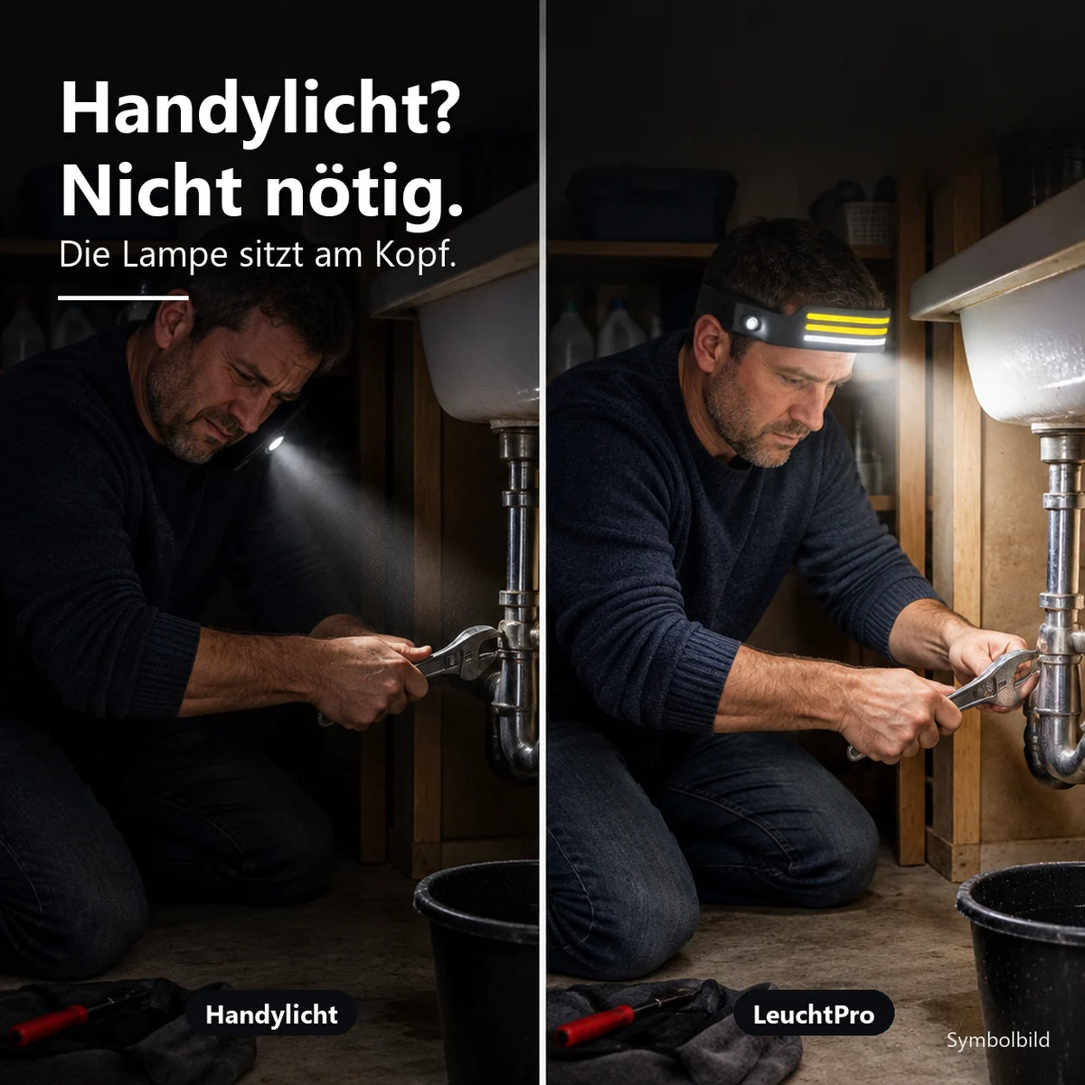 Handylicht? Nicht nötig: links Reparatur mit Handylicht, rechts mit LeuchtPro und freien Händen