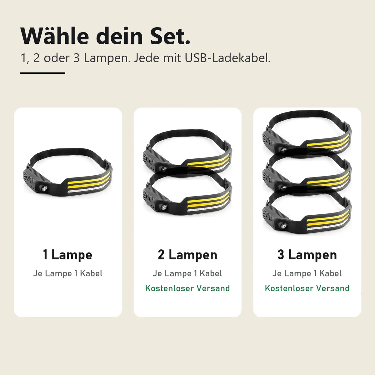 Wähle dein Set: 1, 2 oder 3 LeuchtPro Lampen, je mit USB-Ladekabel