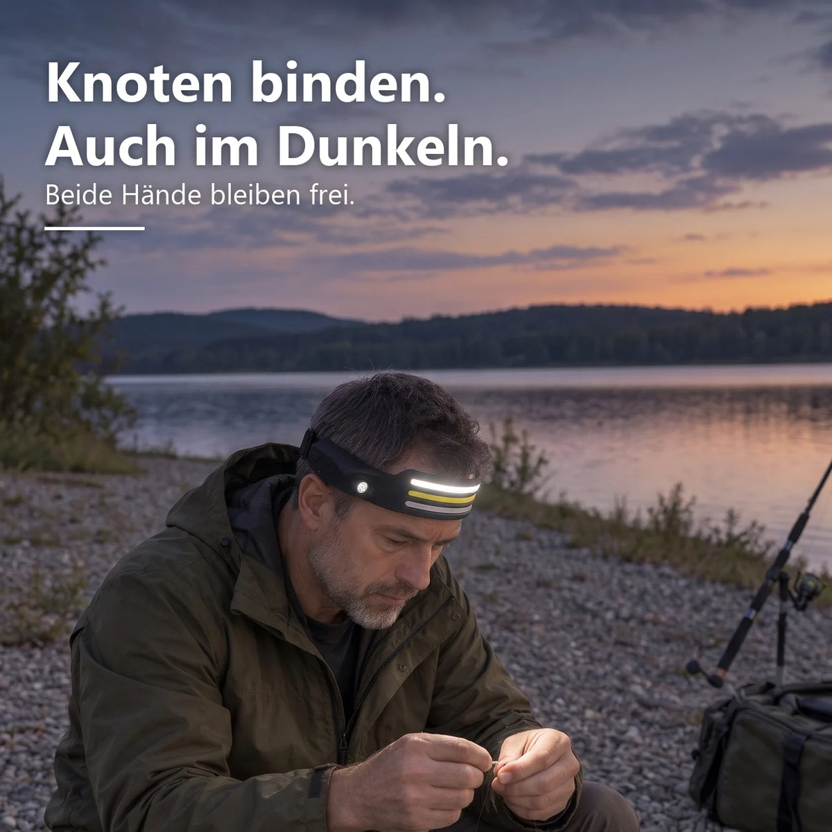Knoten binden, auch im Dunkeln: Mann mit LeuchtPro am Kopf beim Angeln, beide Hände frei