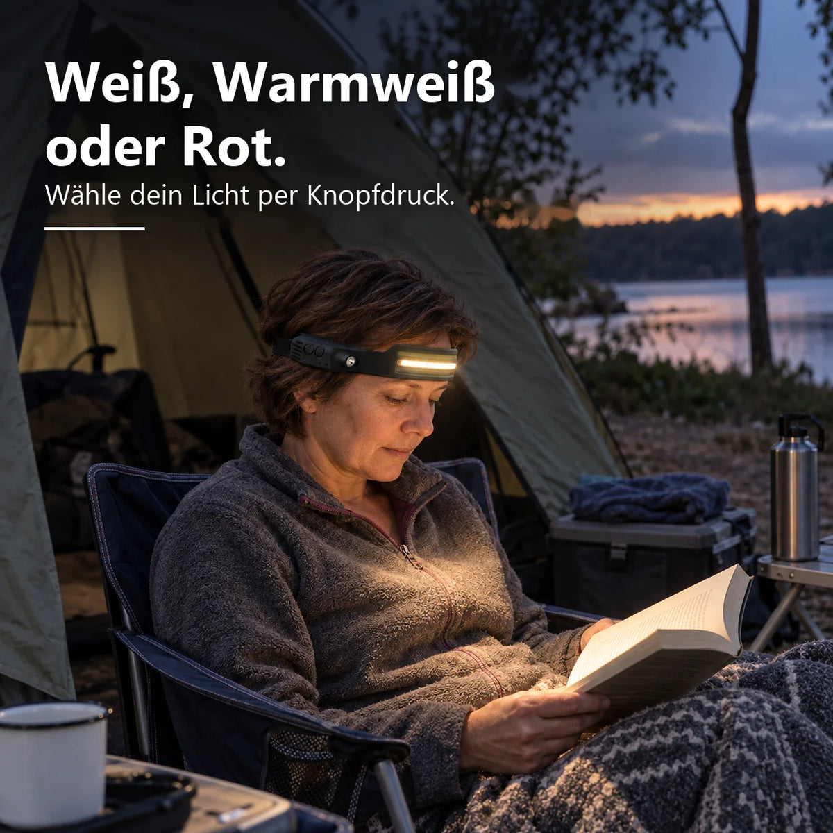 LeuchtPro in Weiß, Warmweiß oder Rot: Frau liest im Zelt bei warmem Licht