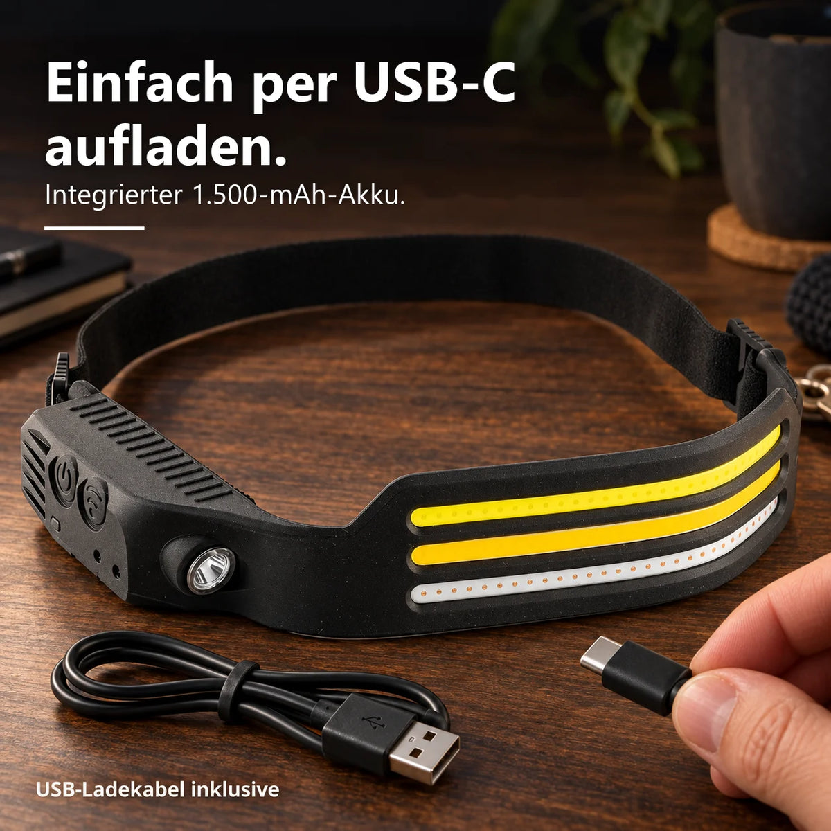 Aufladen per USB-C: LeuchtPro mit 1.500-mAh-Akku und Ladekabel