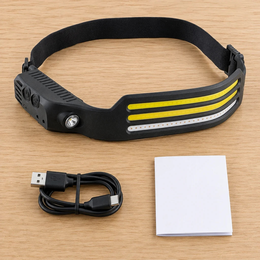 Lieferumfang: LeuchtPro-Stirnlampe mit Kopfband, USB-A-auf-USB-C-Kabel und Anleitung