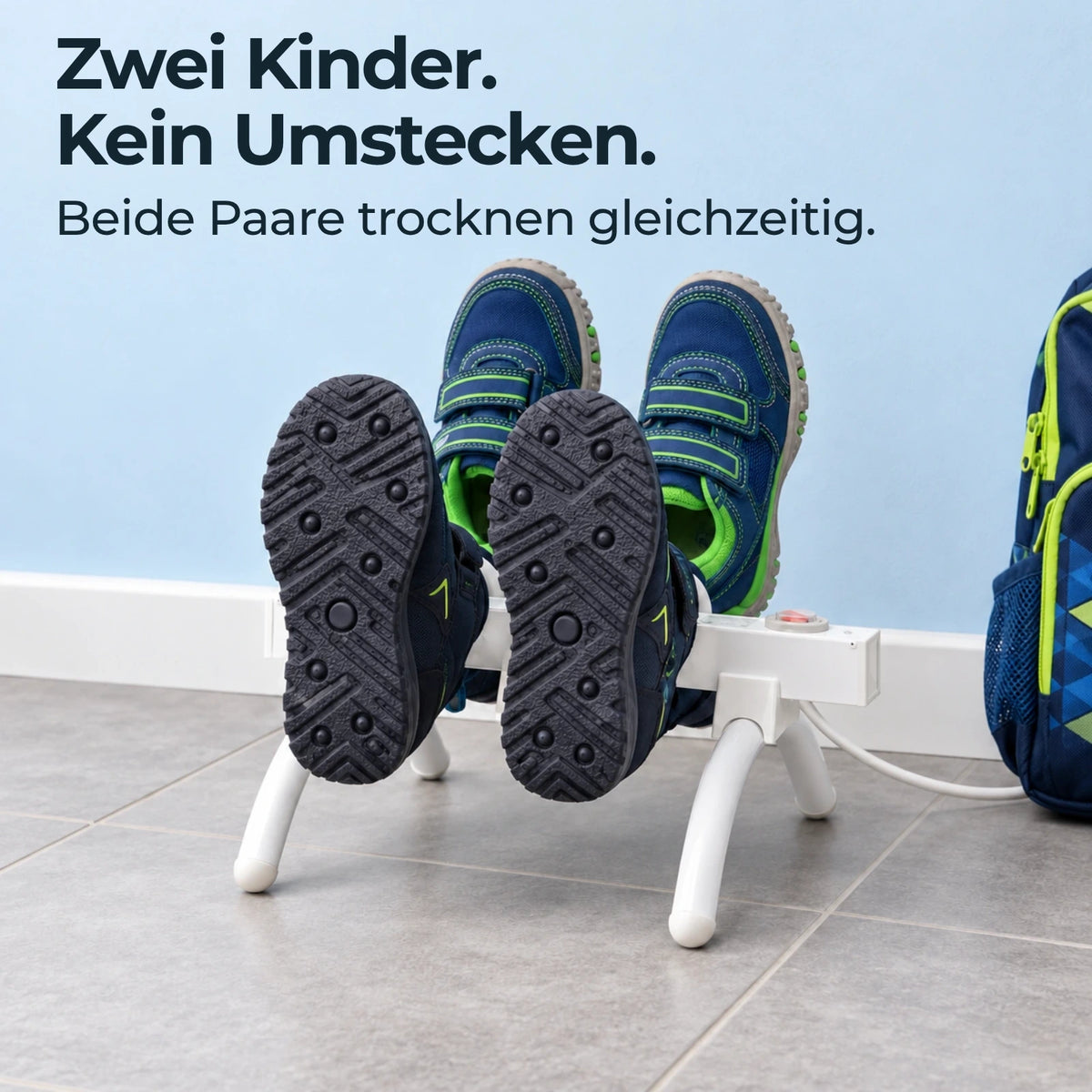 Zwei Kinder. Kein Umstecken. Beide Paare trocknen gleichzeitig.