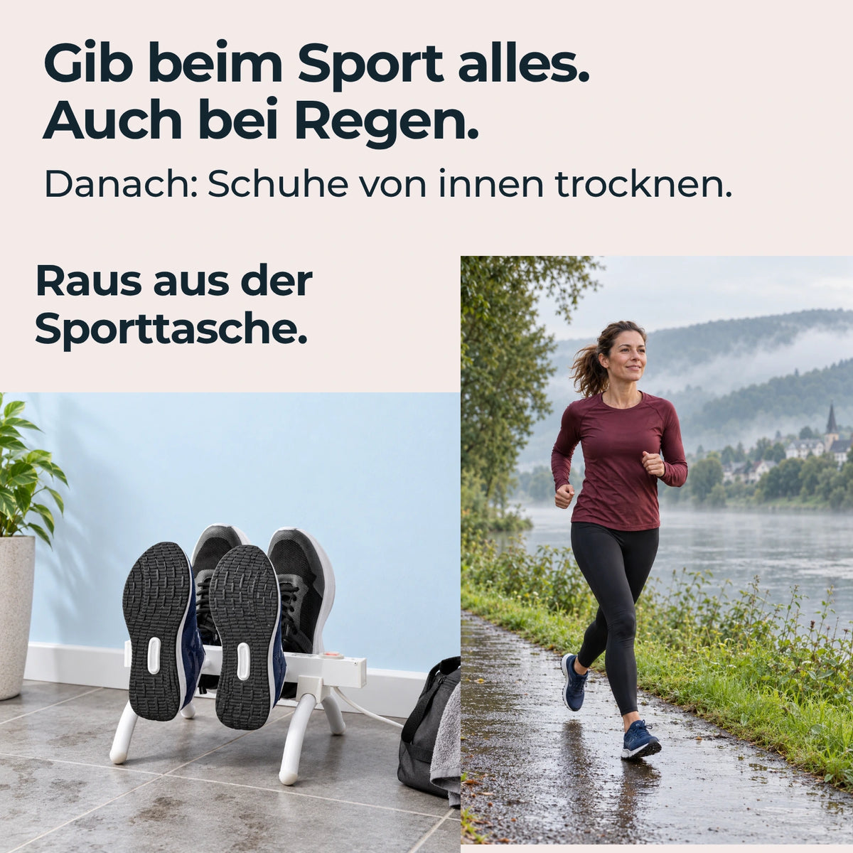 Sportschuhe auf NordiDry und eine Läuferin am Fluss