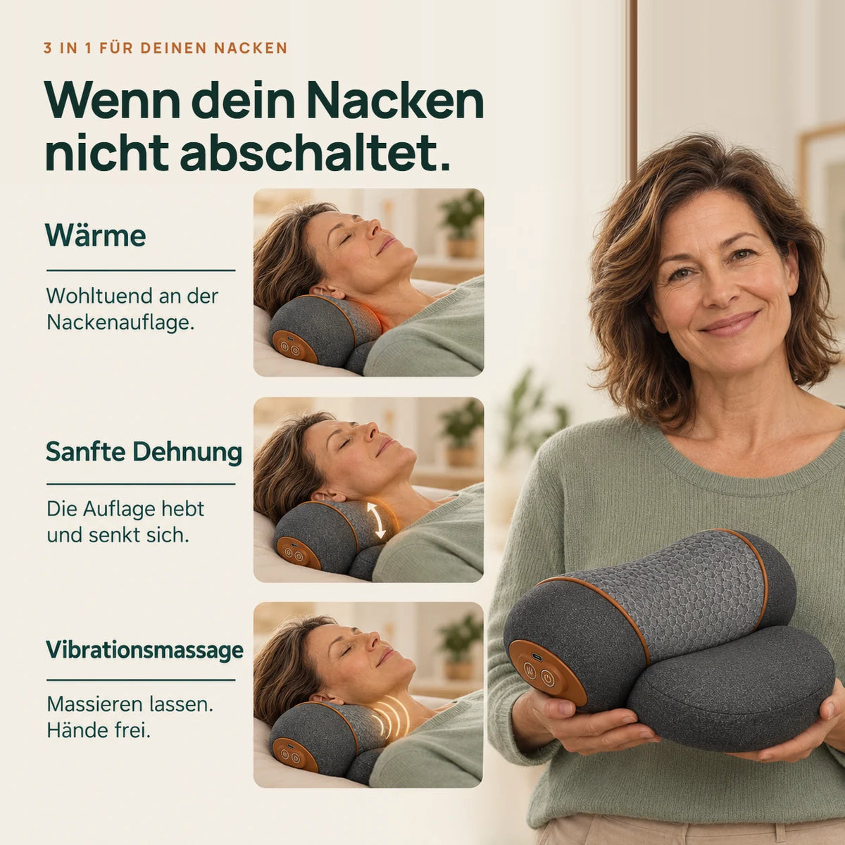 Frau hält das Gerät: Wärme, sanfte Dehnung und Vibrationsmassage.