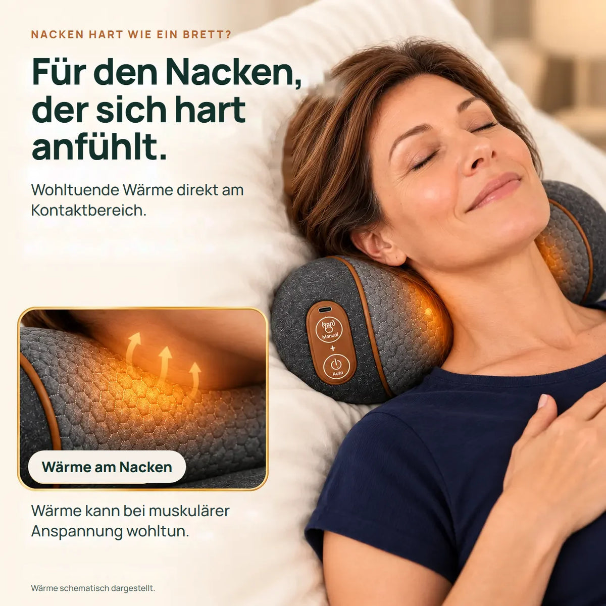 Frau liegt auf dem Gerät, wohltuende Wärme direkt am Nacken. Schematisch.