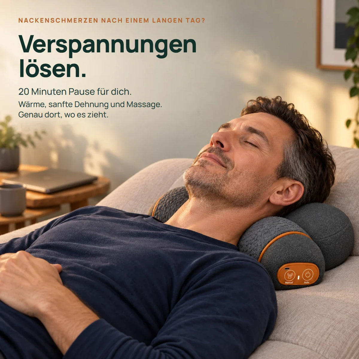 Mann entspannt nach einem langen Tag mit OrthoNexo Pro auf dem Sofa.