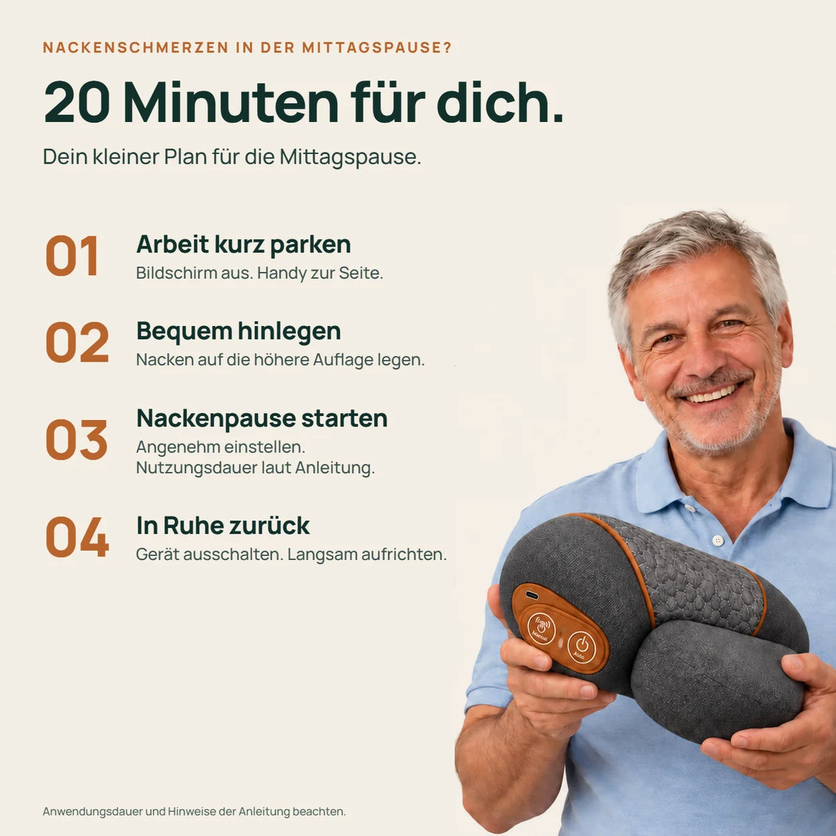 Mann hält das Gerät. Plan für die Mittagspause in vier Schritten.