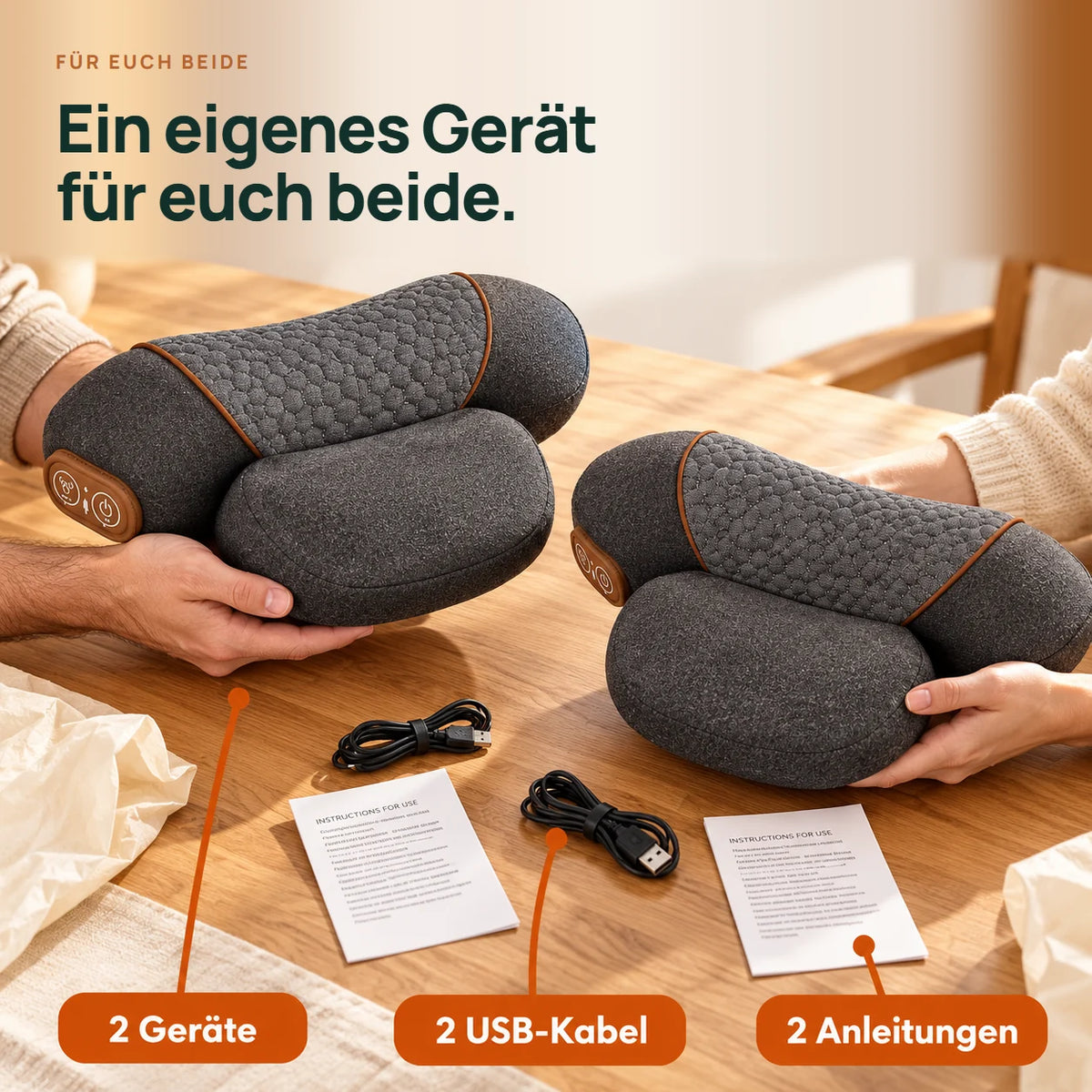 Zwei Geräte auf dem Tisch, je mit USB-Kabel und Anleitung.