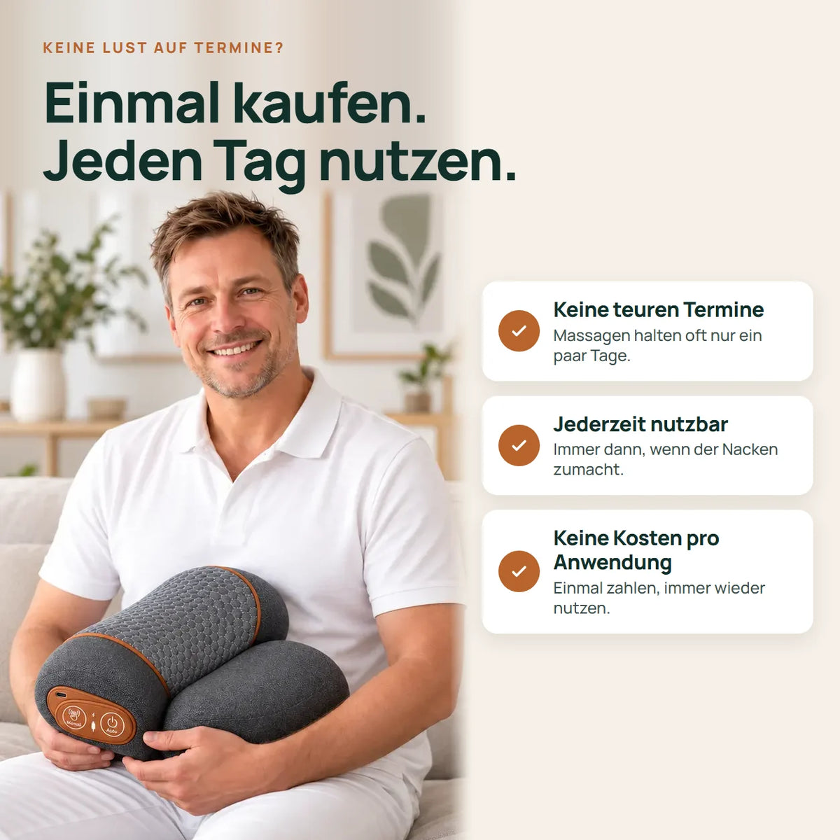 Mann mit dem Gerät im Arm: keine teuren Termine, jederzeit nutzbar, keine Kosten pro Anwendung.