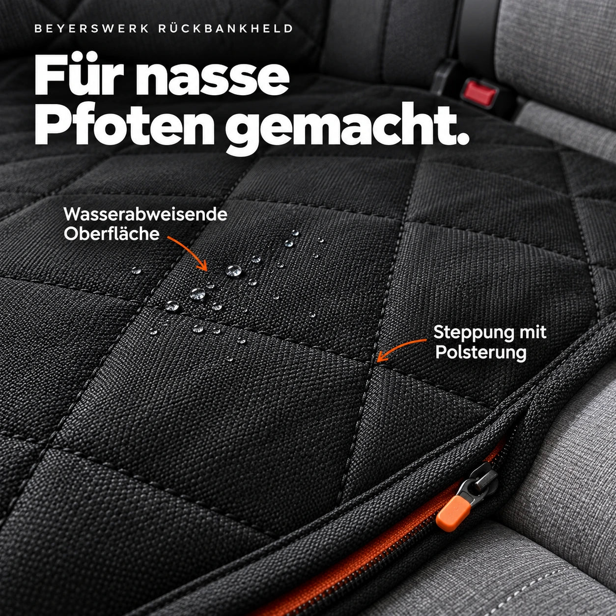 Stoffdetail mit Pfeilen: wasserabweisende Oberfläche, Steppung und Polsterung