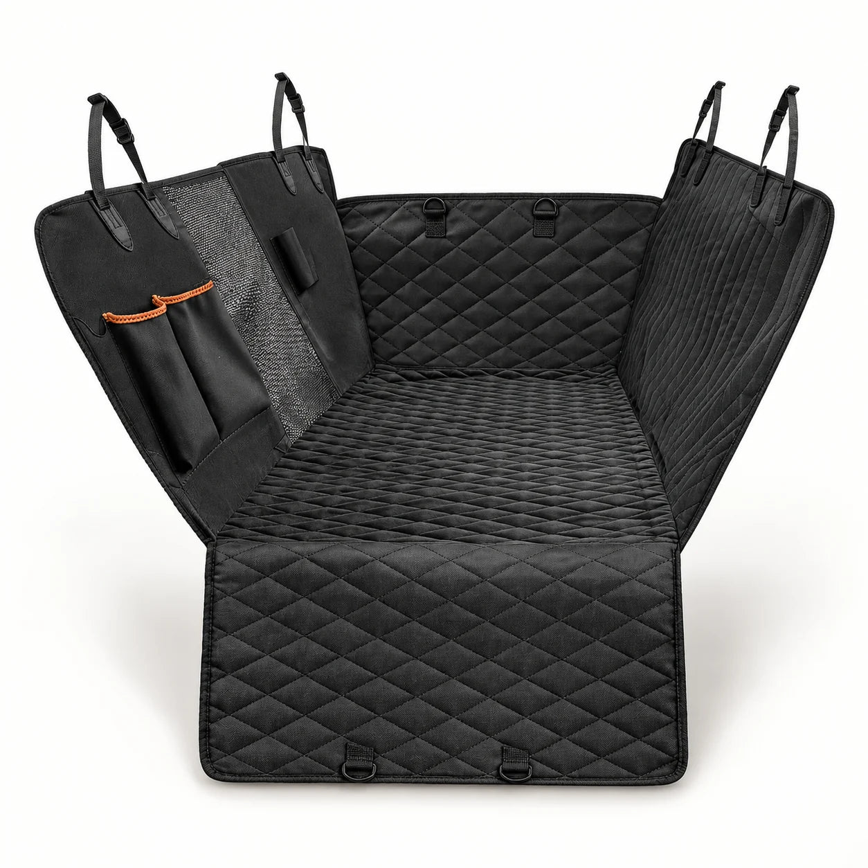 Schwarze flexible Autoschondecke mit Netzfenster, zwei Taschen und orangefarbenen Details