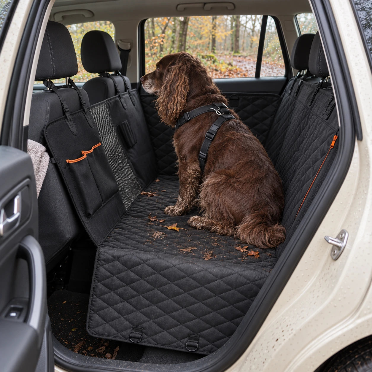 Brauner Spaniel auf der Matte nach dem Waldweg, herbstliche Blätter draußen und leichte Erdspuren auf der Matte