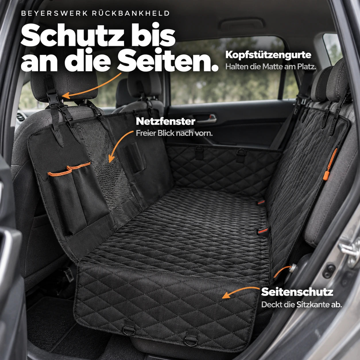 Funktionsbild mit Pfeilen: Kopfstützenbefestigung, Netzfenster und heruntergeklappter Seitenschutz