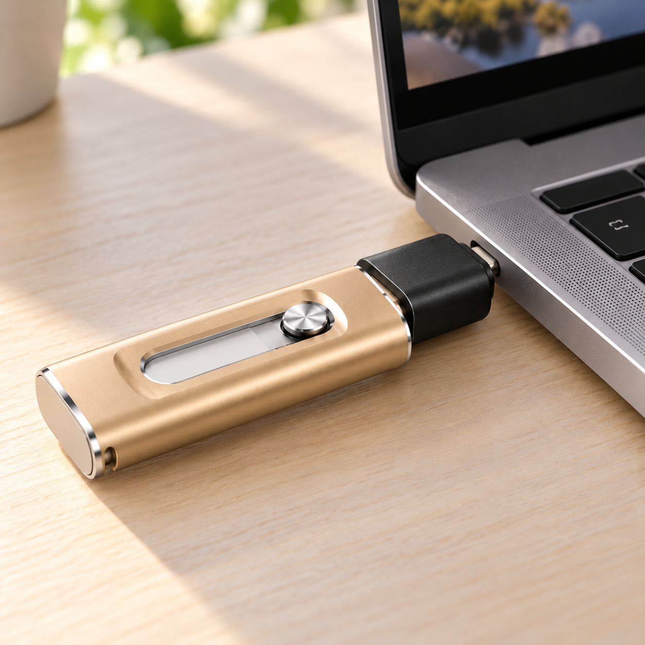 Goldener Fotostick mit schwarzem USB-C-Adapter am USB-C-Anschluss eines Laptops.