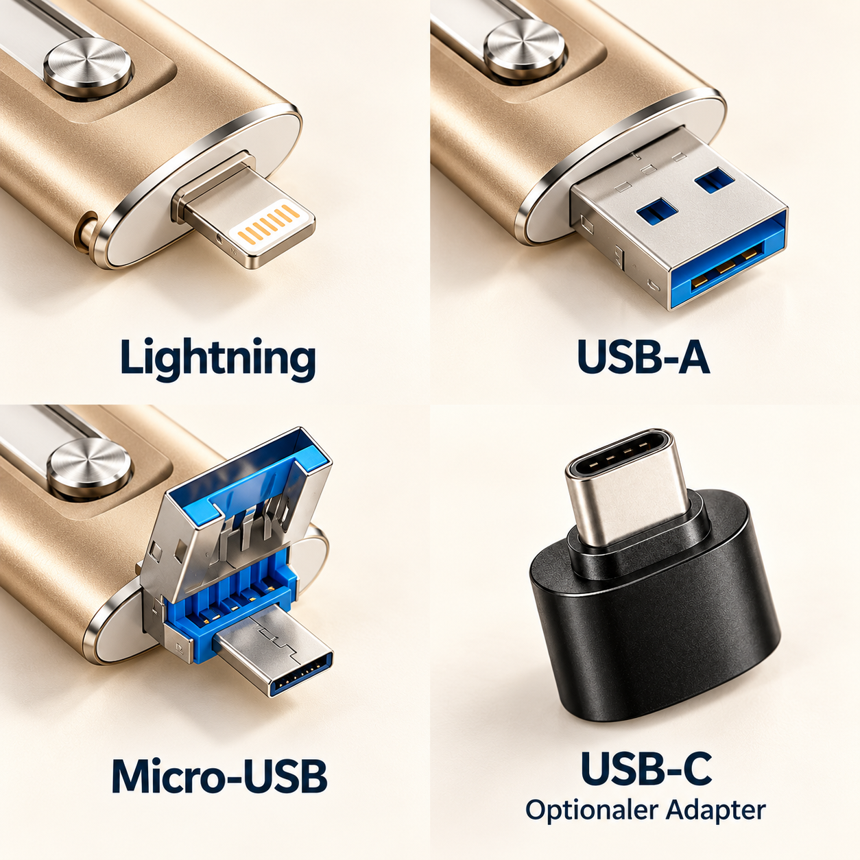 Die vier Anschlüsse im Bild: Lightning, USB-A, ausklappbares Micro-USB und USB-C am optionalen schwarzen Adapter.