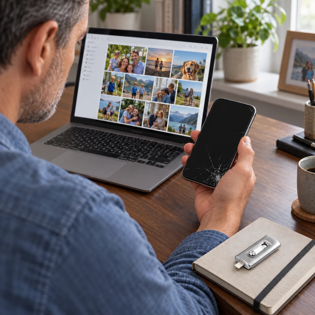 Ein Mann hält sein beschädigtes Handy; gesicherte Familienfotos sind am Laptop zu sehen, der silberne Fotostick liegt separat daneben.
