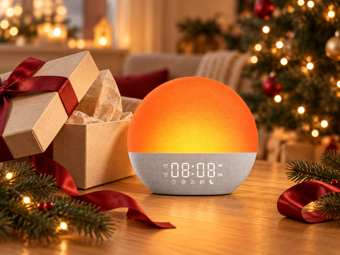 Grauer Lichtwecker mit warmem Wecklicht neben einer Geschenkbox mit rotem Band und einem beleuchteten Weihnachtsbaum