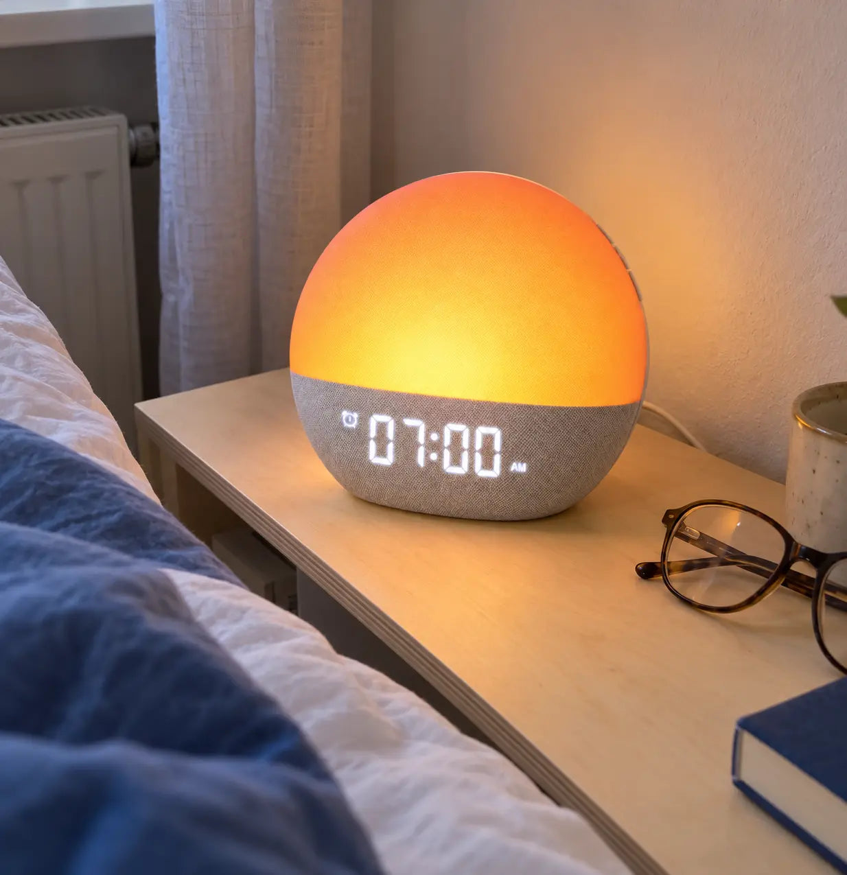 KI-generiertes Foto: Lichtwecker am Bett neben Lesebrille und blauer Bettdecke