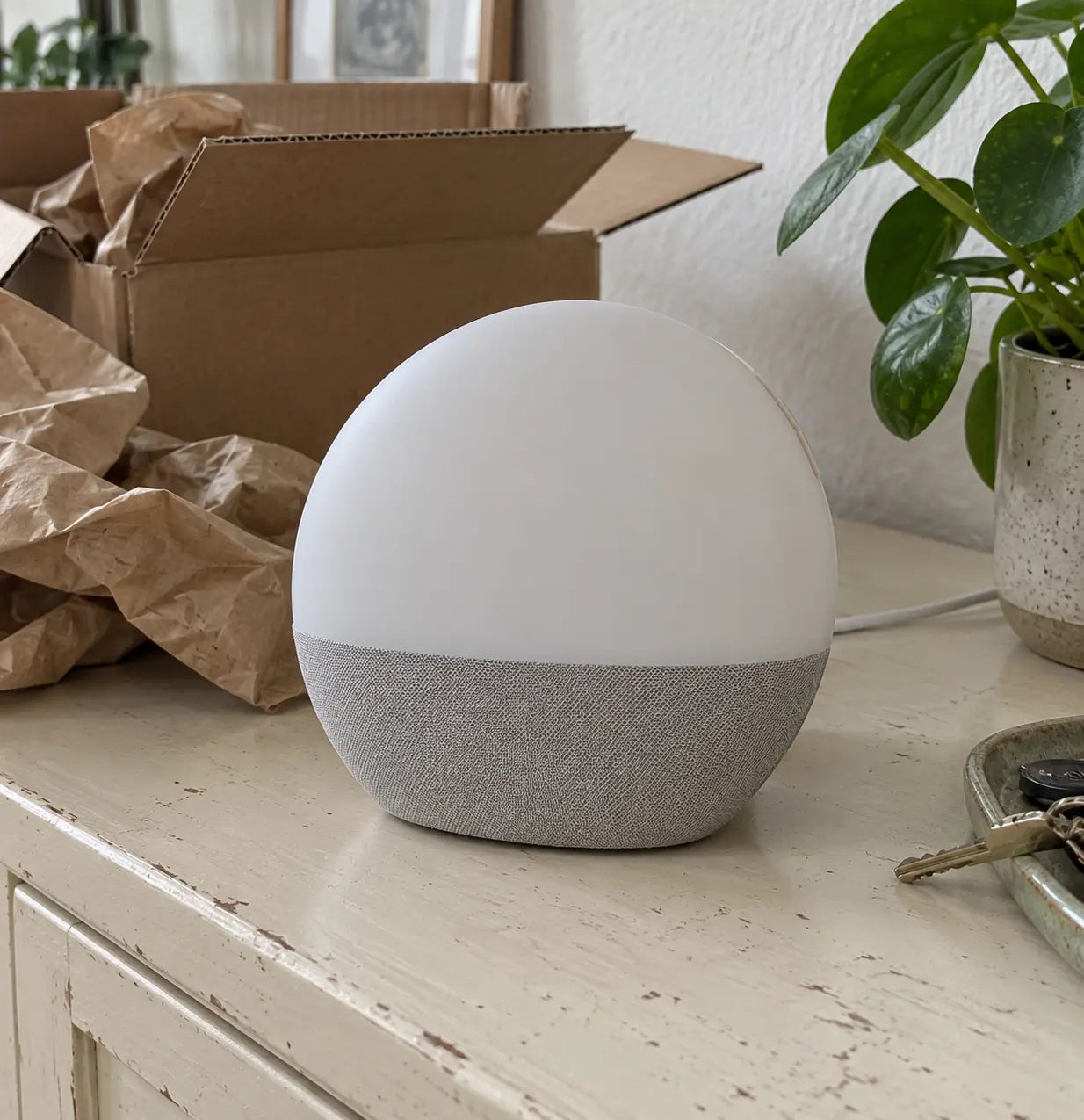 KI-generiertes Foto: Ausgepackter Lichtwecker auf einer hellen Anrichte