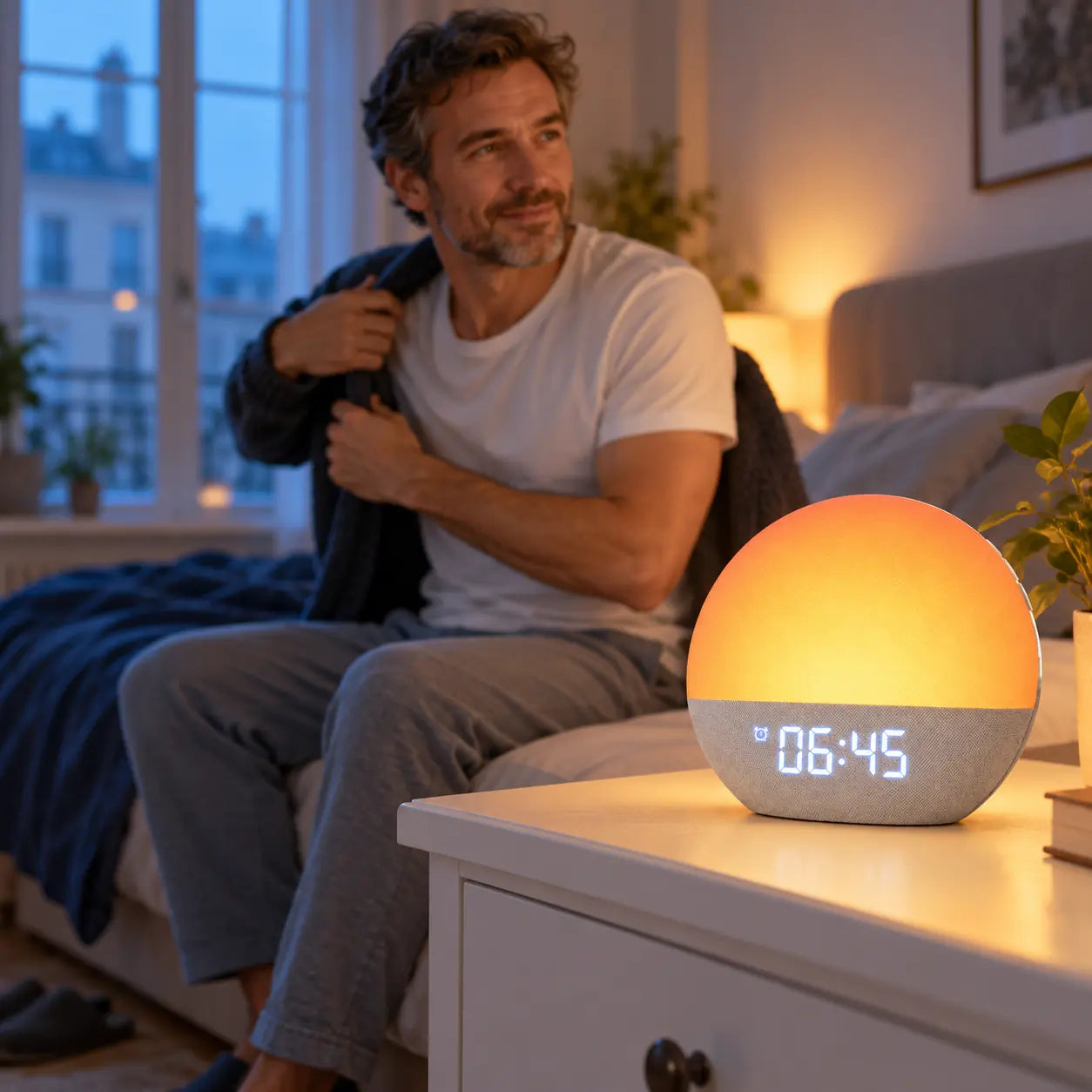 Ein Mann startet mit warmem Wecklicht auf dem Nachttisch in den Morgen