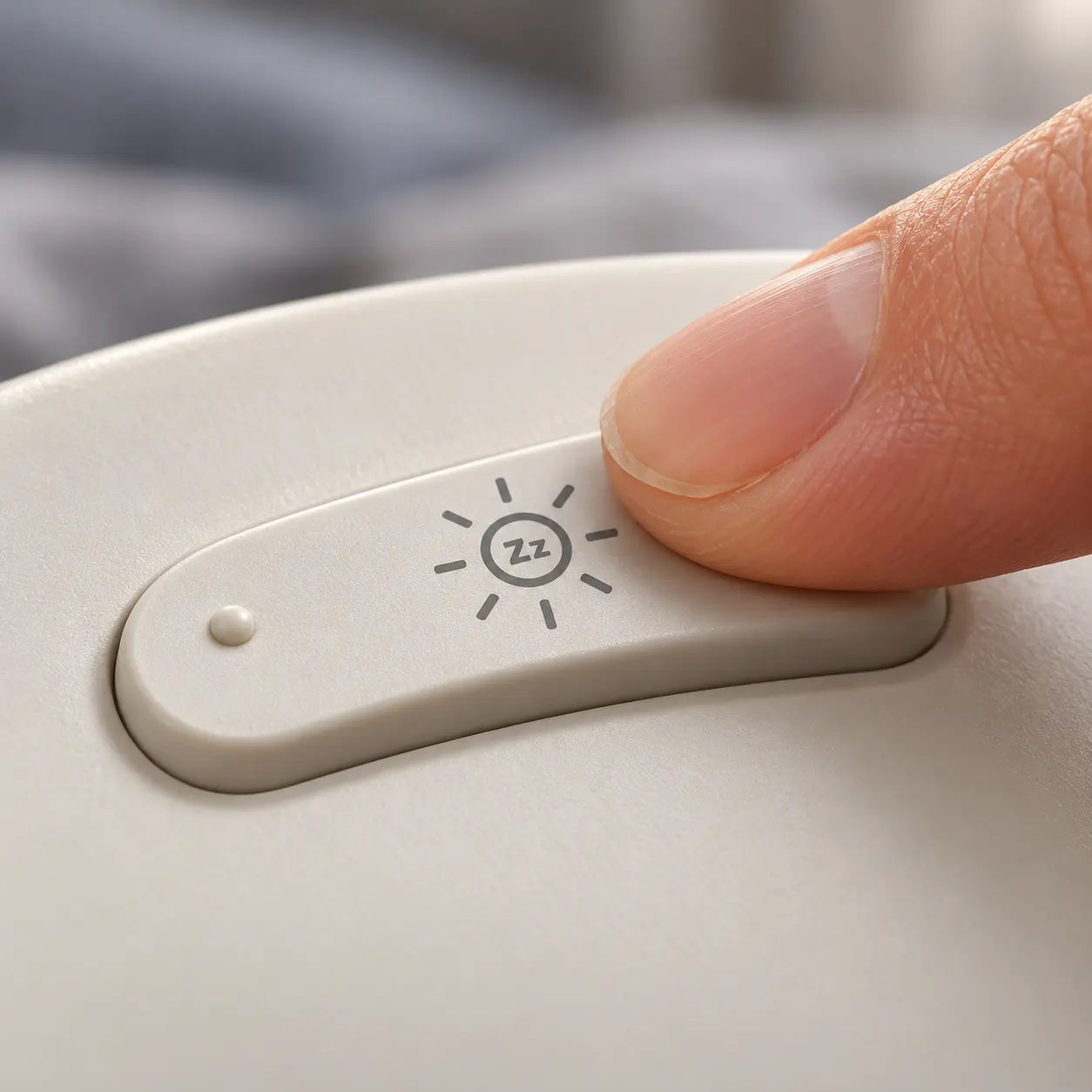 Nahaufnahme: Ein Finger drückt die Schlummertaste des Lichtweckers